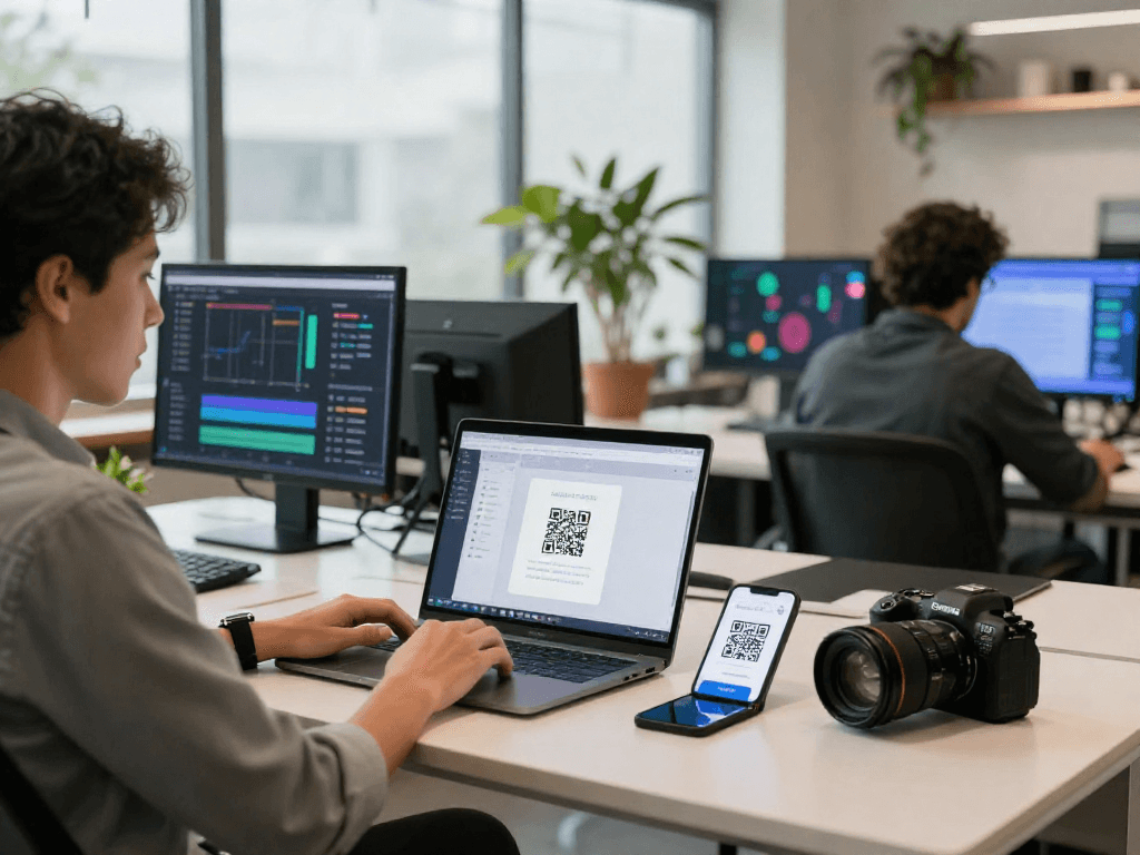 Dynamic QR Code Generator in a modern workspace with QR code analytics and scanning.