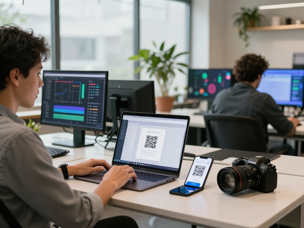 Dynamic QR Code Generator in a modern workspace with QR code analytics and scanning.