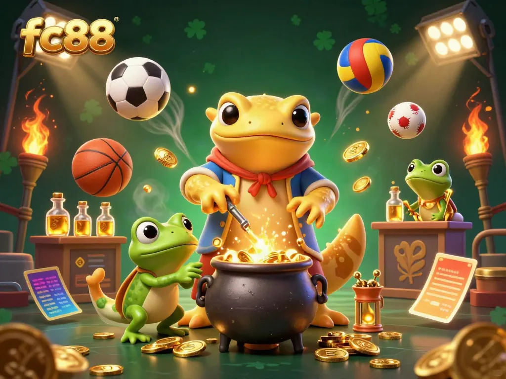 Experience fc88's golden gaming excitement with a dynamic illustration of casino elements and characters.