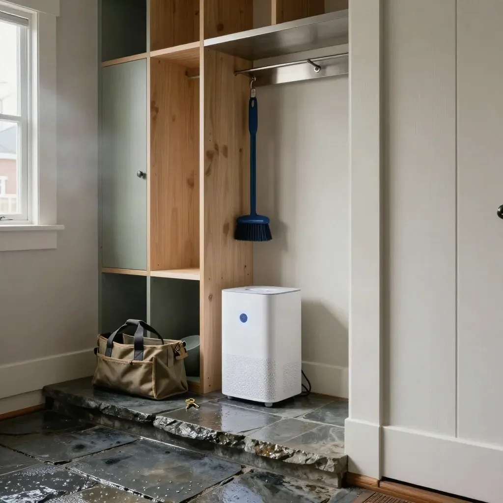 Rain-washed townhouse entry with cubbies, tools, keys and a dehumidifier at dawn.
