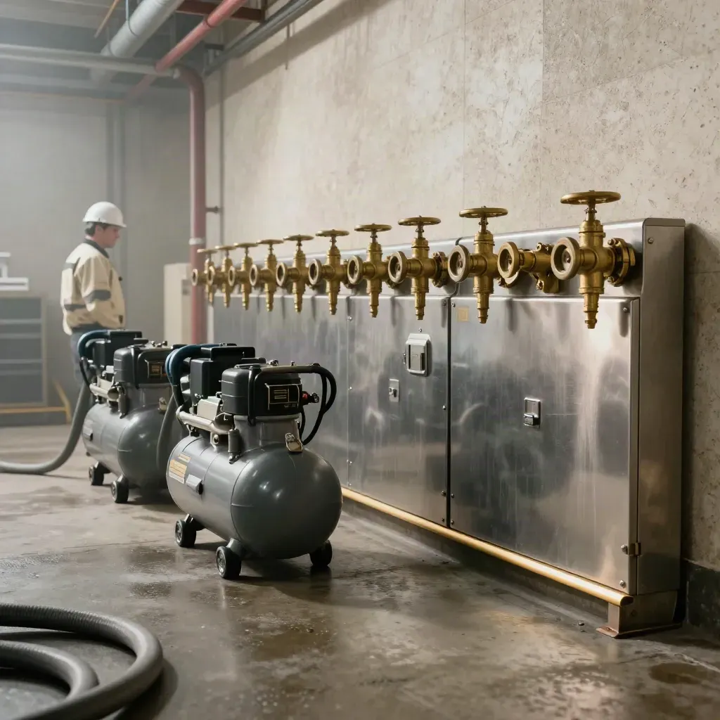 Boiler-room cases, compressor hose, and shutoff valves staged for contractor visits.