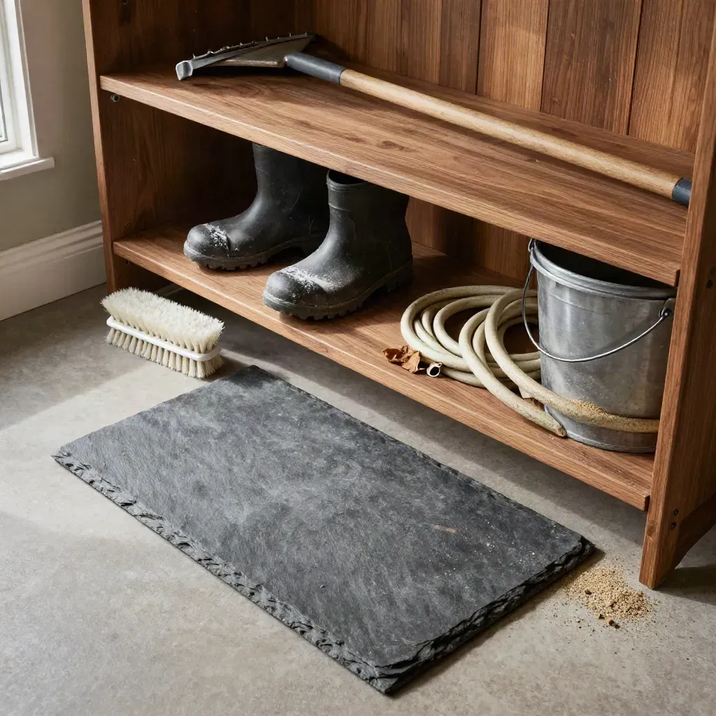 Top-down mudroom seasonal check-in with a snow brush, boot tray, hose coil, rake handle, and sand bucket.