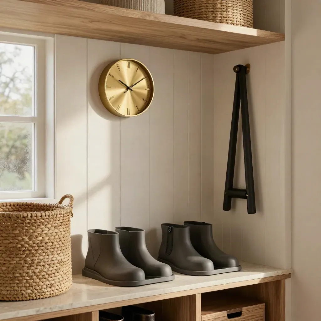 Organized mudroom shelf with bins, clock, boot trays, and folded coat rack in warm daylight