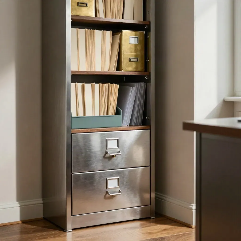 Open filing cabinet with folders, brass boxes, and teal storage tray in a quiet home office nook.