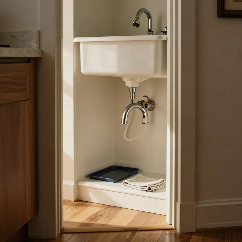 Renovated condo utility closet and repaired faucet, warm late-afternoon light, finished and empty.