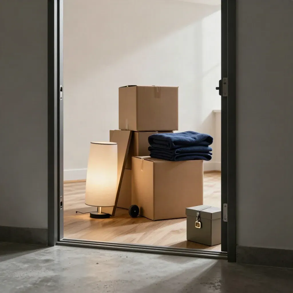 Move-in boxes, wrapped lamp, moving blanket, dolly wheel, and lockbox at a condo threshold.