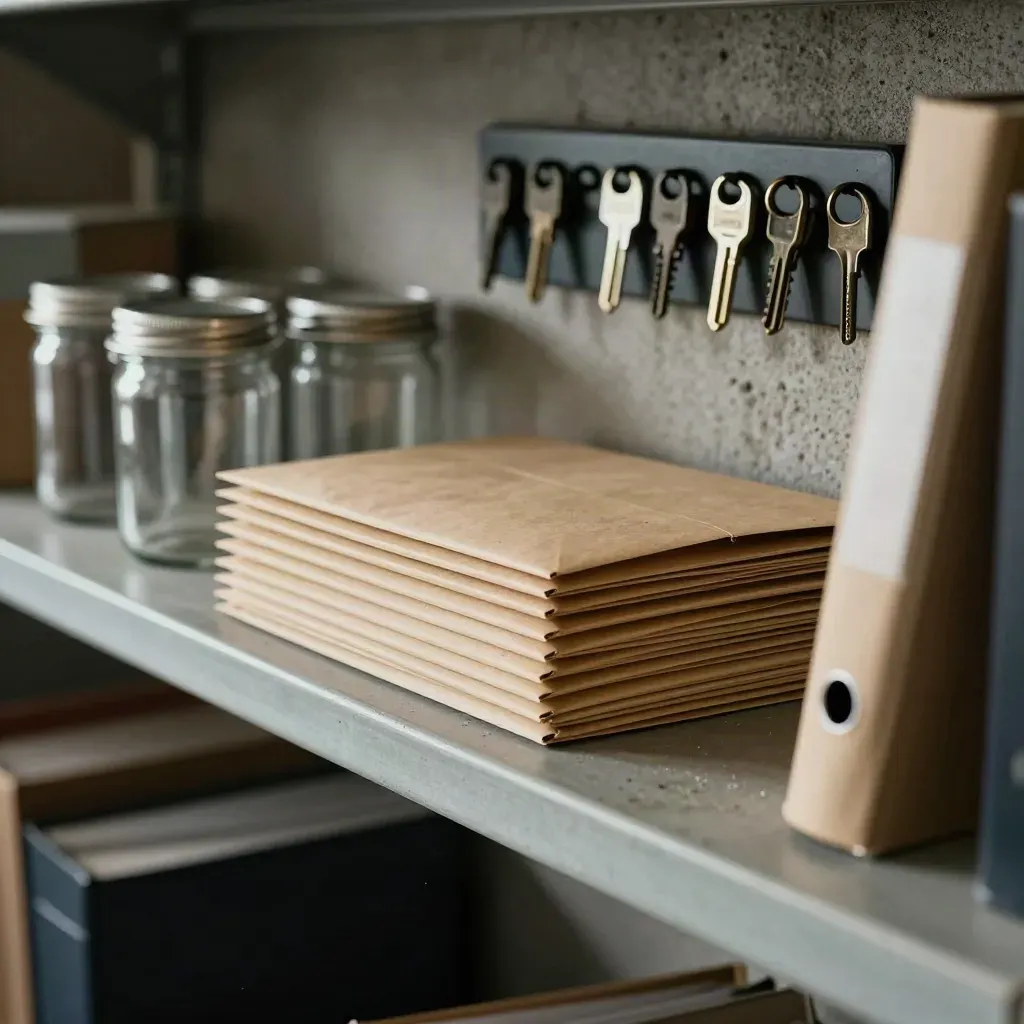 Basement shelf with envelopes, jars, keys, and a closed binder