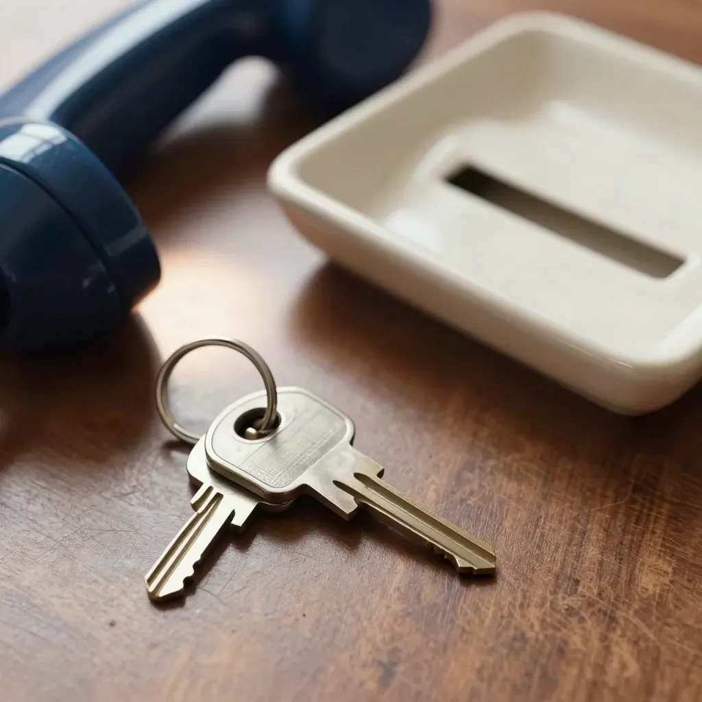 Macro overhead of keys, desk phone handset and inbox tray on walnut with warm soft light.