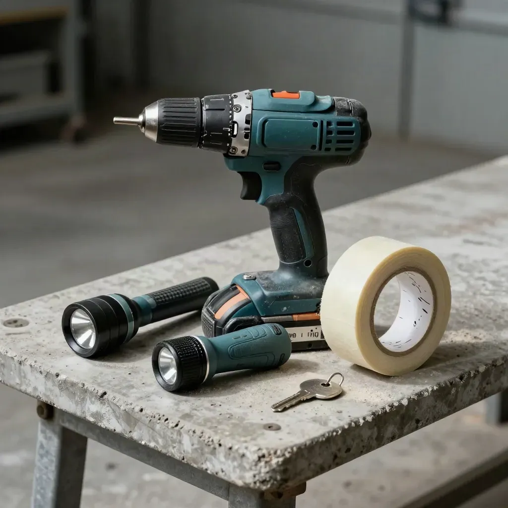 Drill battery, bit driver, flashlight, and painter’s tape on a dusty concrete bench in workshop light.
