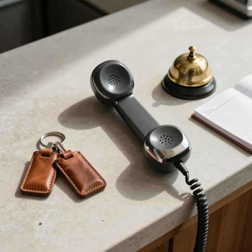 Top-down intercom handset, key fobs, bell and notebook on a stone counter in warm light