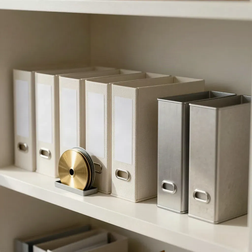 File boxes, blank tabs, discs, and caddies on a pale plaster shelf with soft daylight.