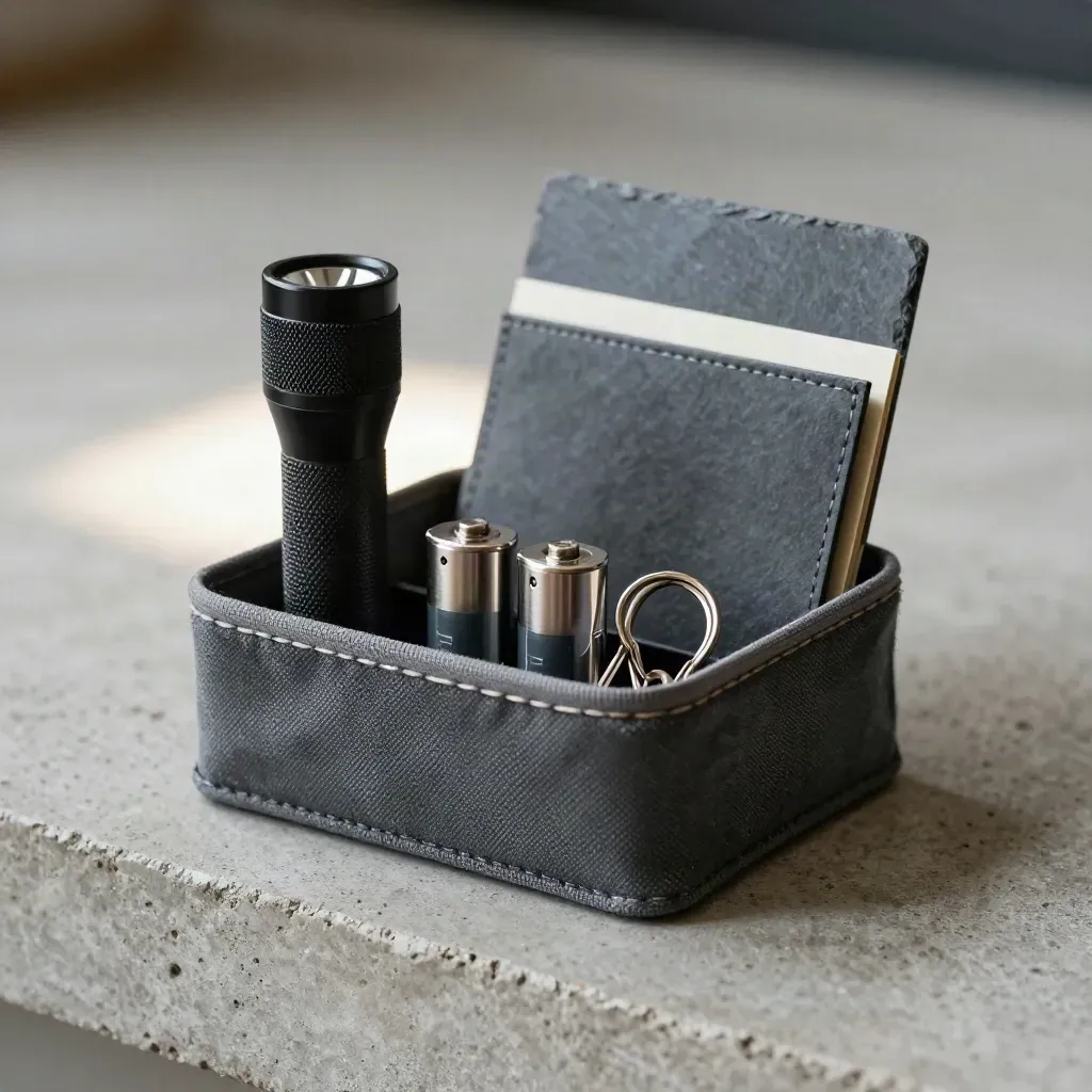 Slate maintenance caddy with flashlight, batteries, key rings and a closed note wallet on concrete.