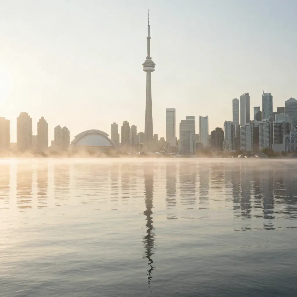 Toronto waterfront skyline at dawn with CN Tower above lake mist and calm stone shoreline.