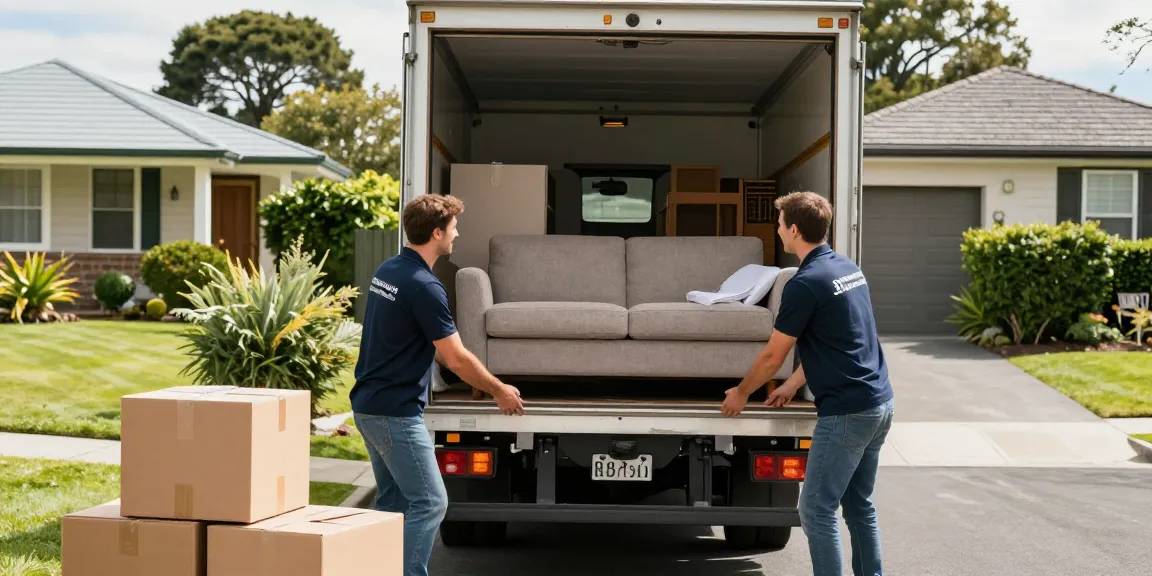 Two men and a truck Tauranga loading furniture during a house move in the sunlit suburban setting.
