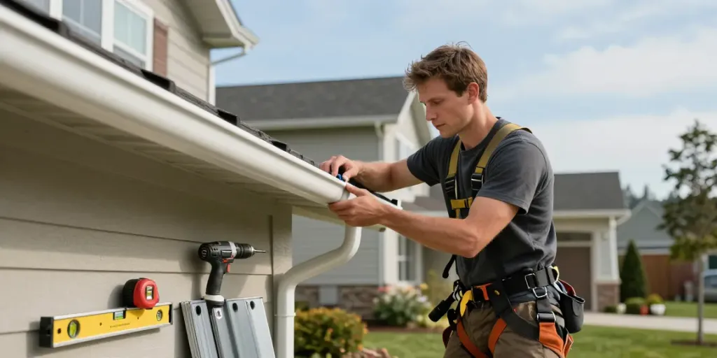 Spokane gutter company technician installing seamless gutters on a residential home.