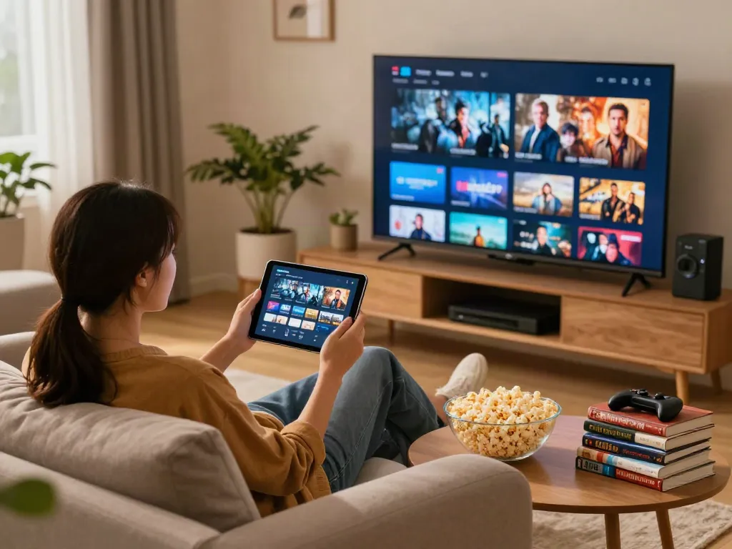 Couple using tablet to download movies from Filmyzilla APK in cozy living room