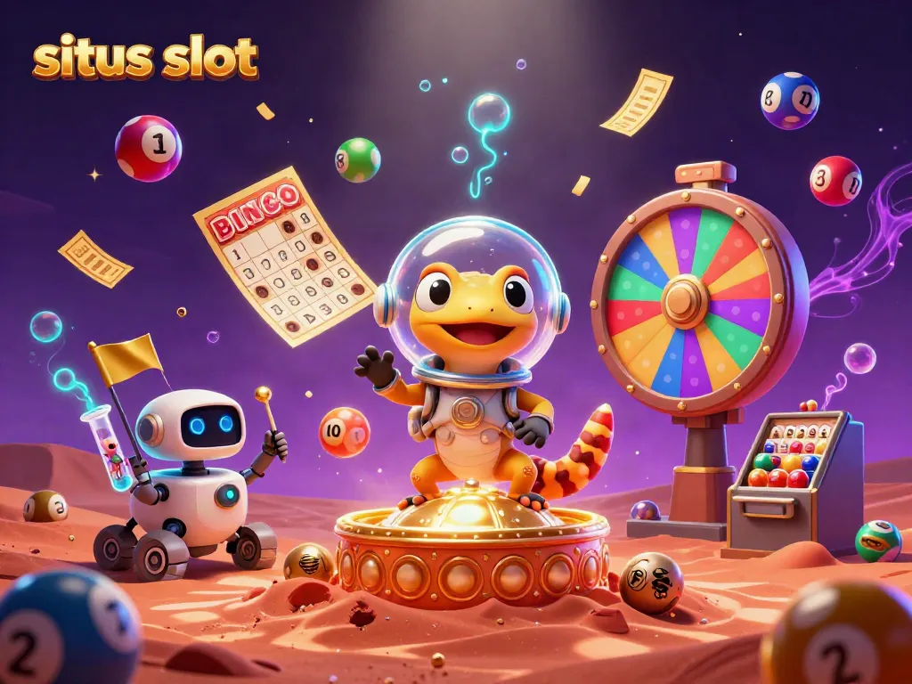 Celebrate exciting moments at situs slot with a Martian gecko discovering a golden casino on Mars.