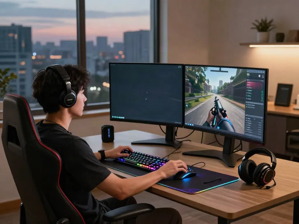 Player immersed in gaming setup with RGB lighting and ergonomic chair for optimal comfort while using rokok 88 gaming gear.
